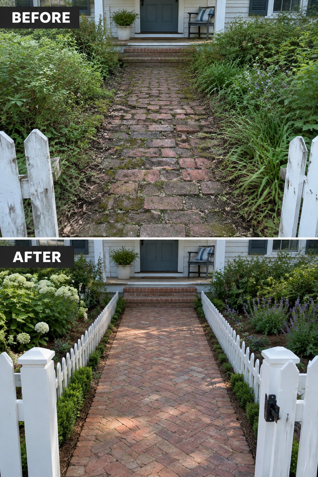 Before and after of overgrown versus landscaped brick path to house with white fence.