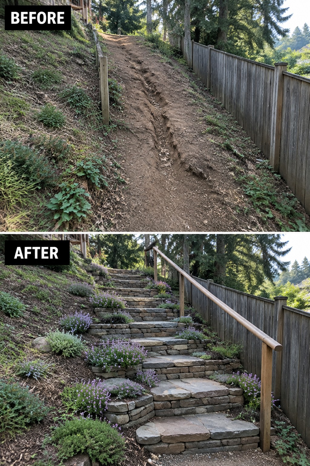 Before and after of hillside dirt path transformed into stone steps with flowers and railing.