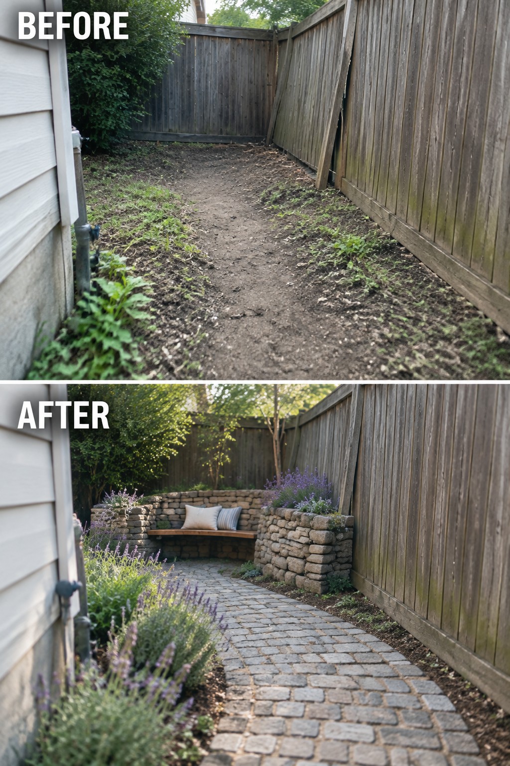 Before-and-after backyard transformation with cobblestone path, stone bench, and lavender plants.