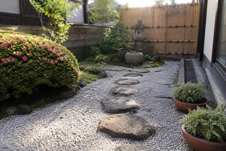 A narrow garden path of irregular gray stepping stones set in white gravel, bordered by a pink flowering bush on the left, a stone lantern, and a water basin in the background.