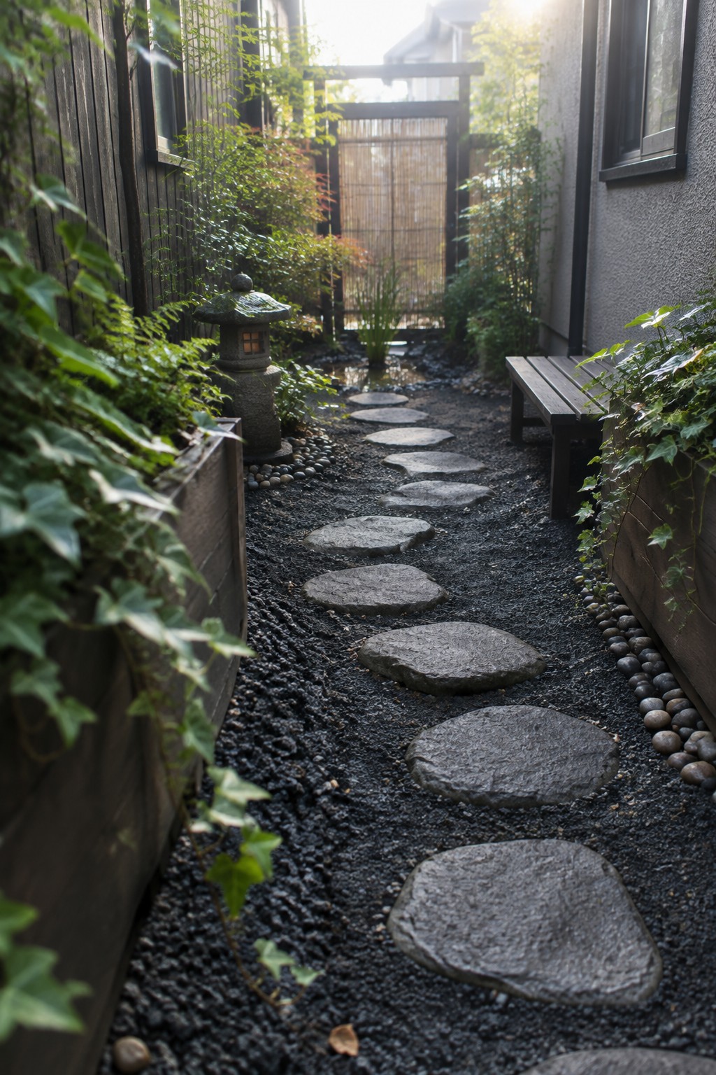 A narrow garden path made of irregular gray stepping stones set in dark gravel, with green plants on both sides, a stone lantern, and a wooden bench.