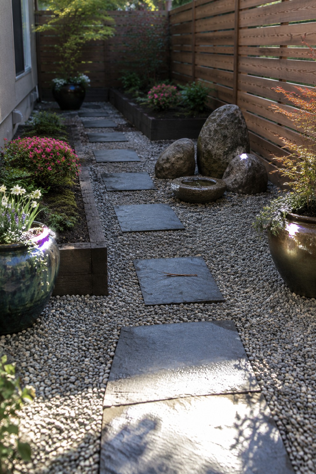 A garden path of large flat stepping stones set into gravel, bordered by wooden planters, rocks, and shrubs.
