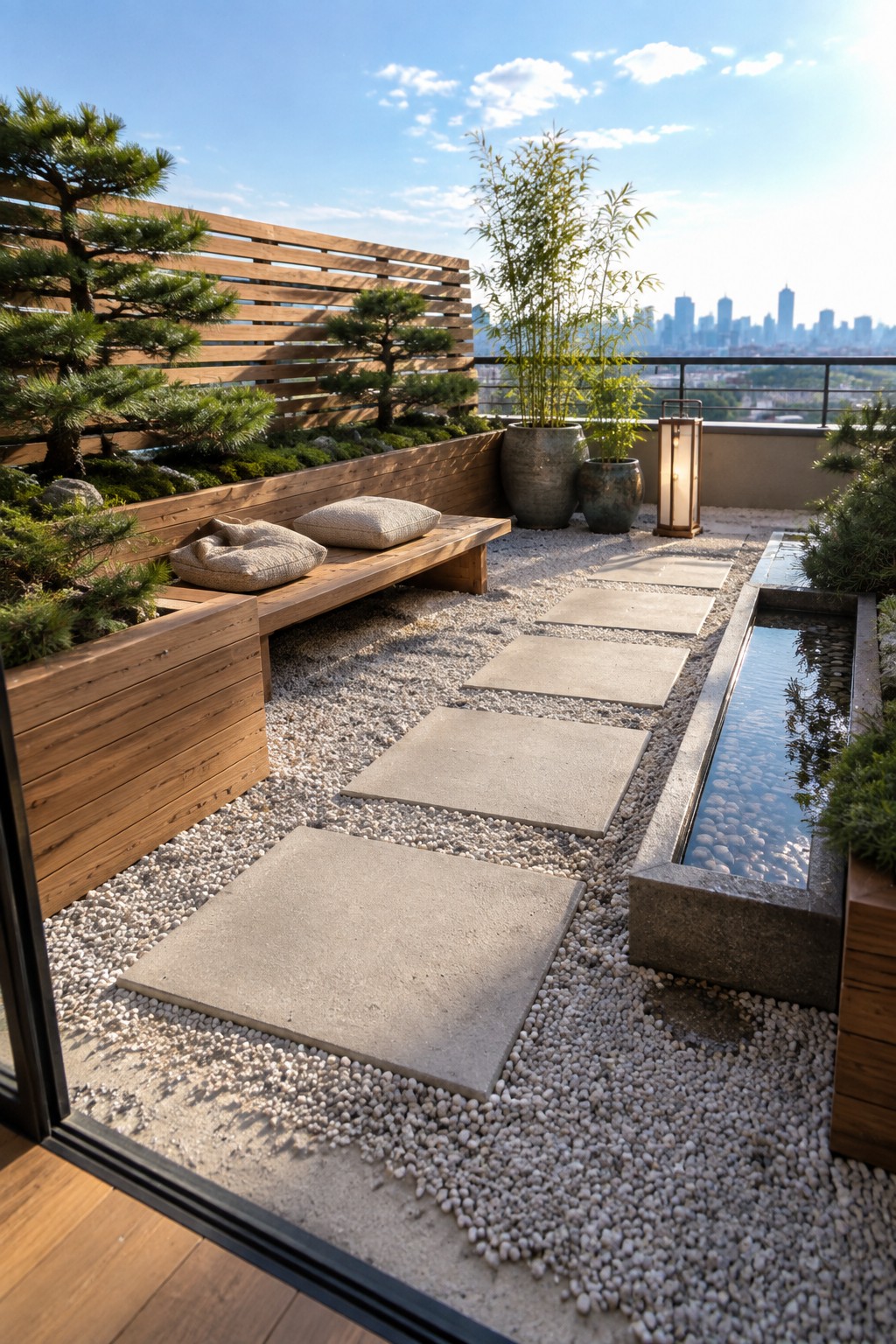 Rooftop garden featuring large square stepping stones set in light gravel, a wooden bench with cushions, potted trees, a narrow water channel, and a distant city skyline.
