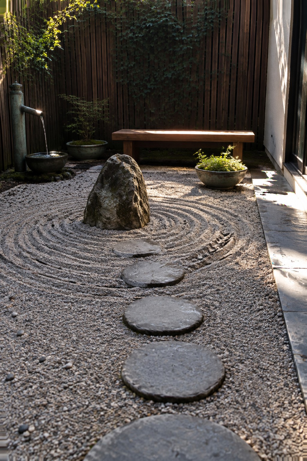 A Japanese garden with raked gravel patterns around a central rock, flat stepping stones forming a path, a water spout on the left, a wooden bench, and potted plants against a wooden fence.