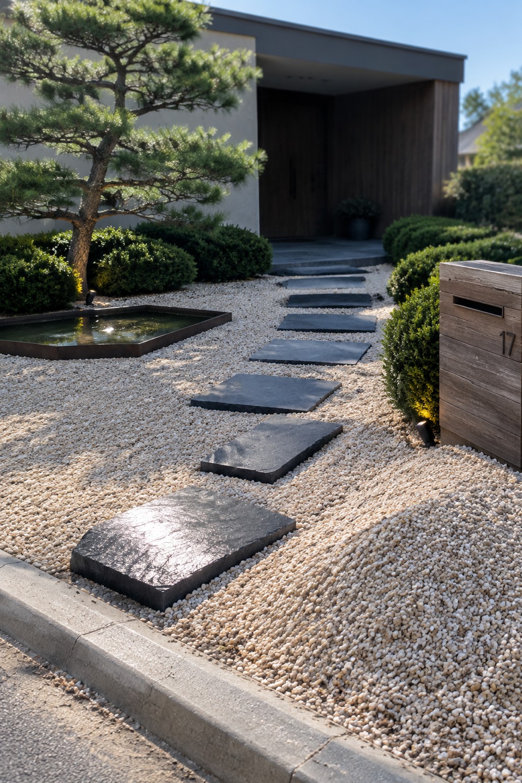 A gravel path with irregular dark stepping stones leads toward a modern house entrance, with a rectangular water feature and pine tree on the left side.
