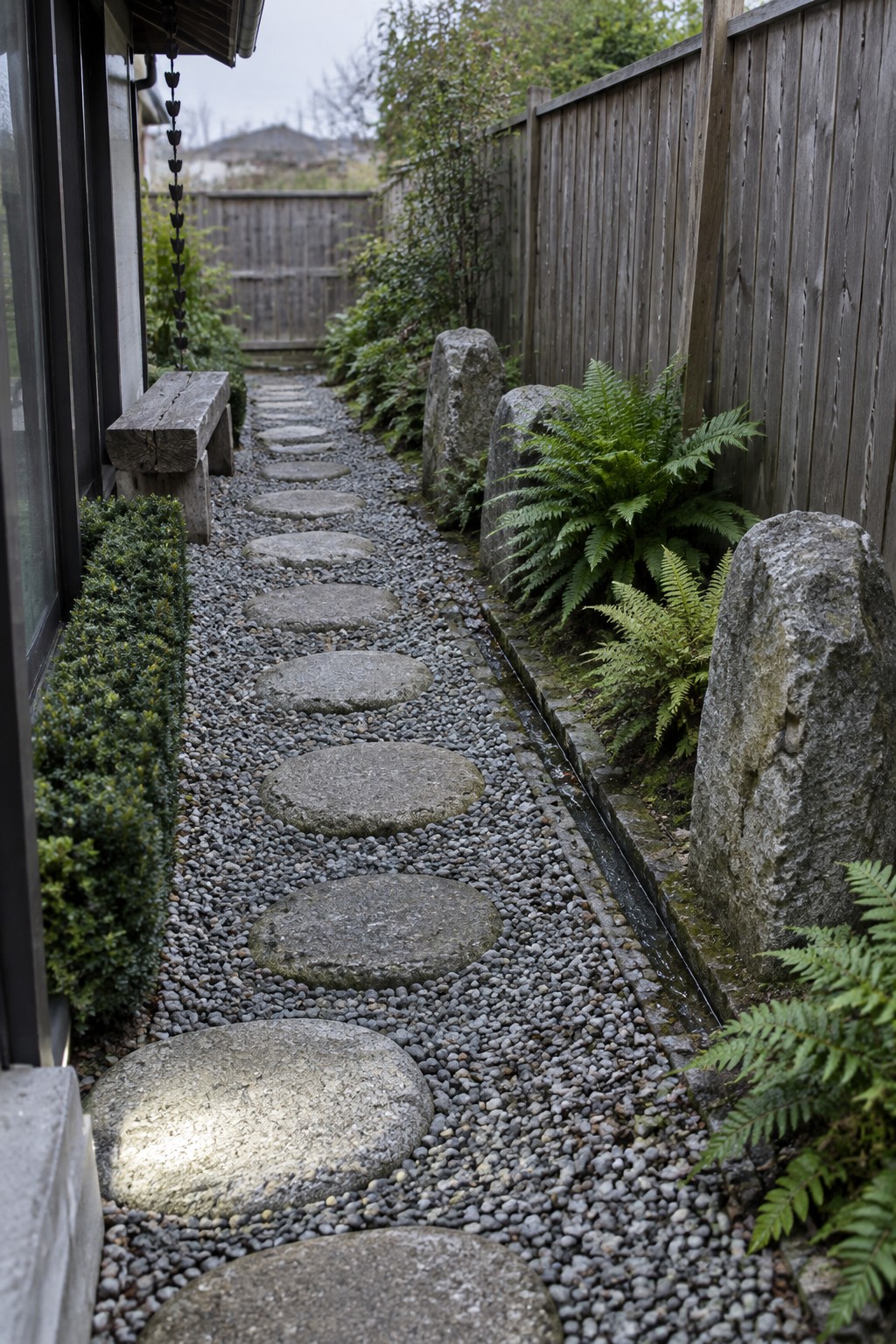 Garden path of round stepping stones on gravel beside ferns and rocks