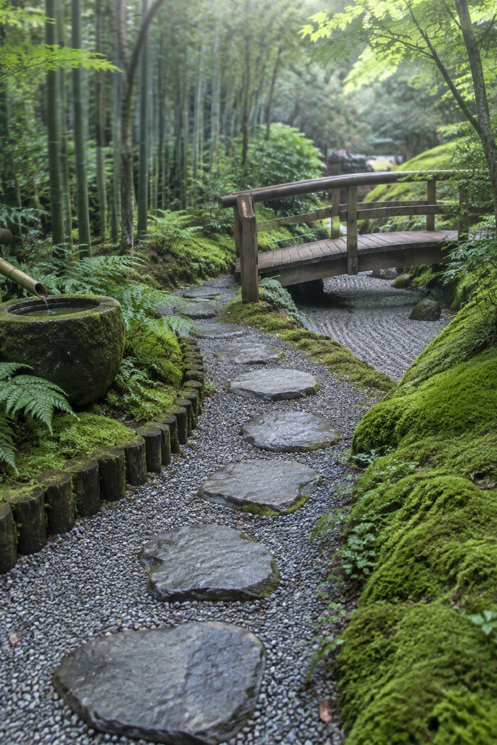 Stepping stone path through lush moss garden to wooden bridge in bamboo forest