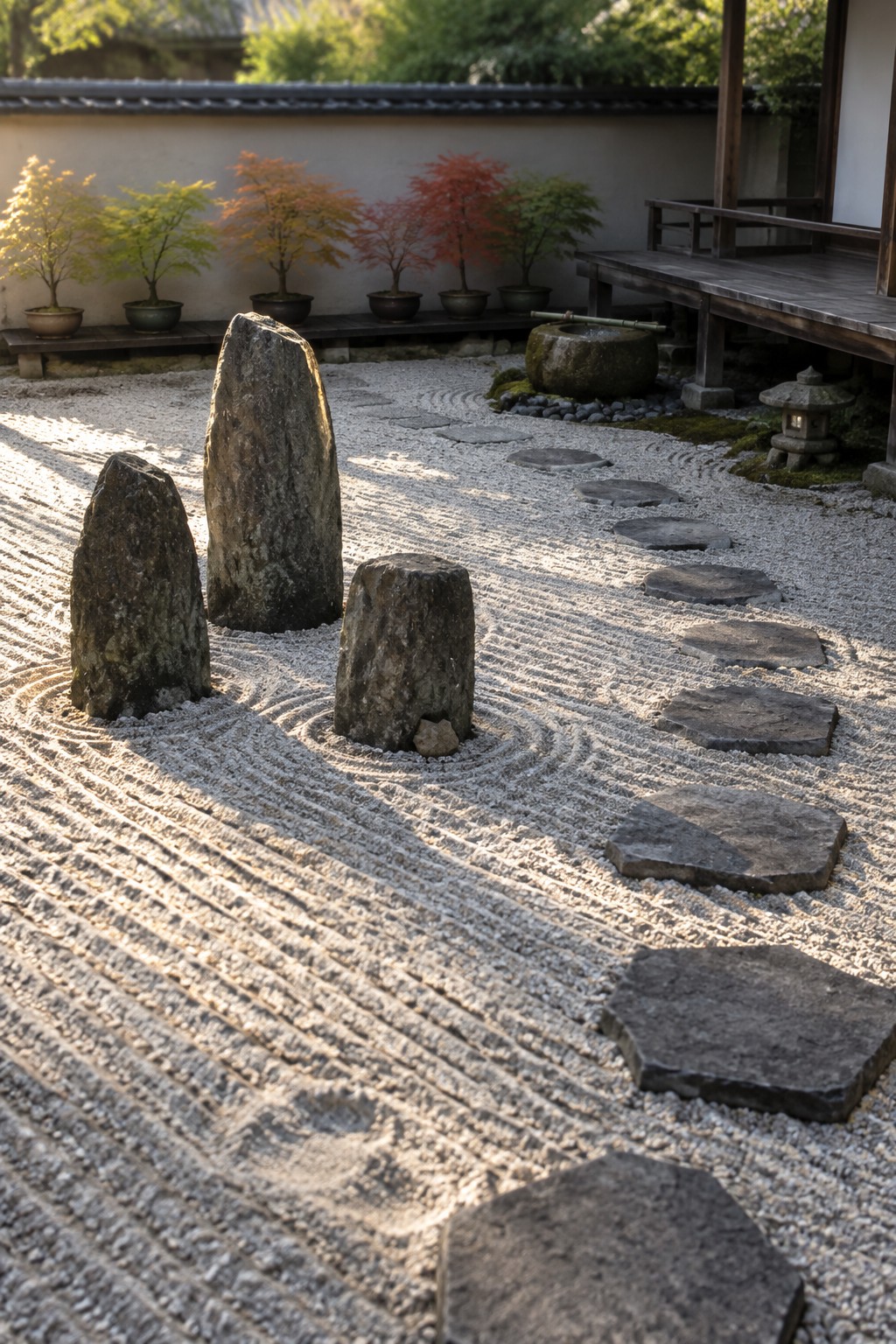 A Japanese garden featuring raked gravel, several upright stones, and a winding path of flat stepping stones with potted trees and a stone lantern in the background.
