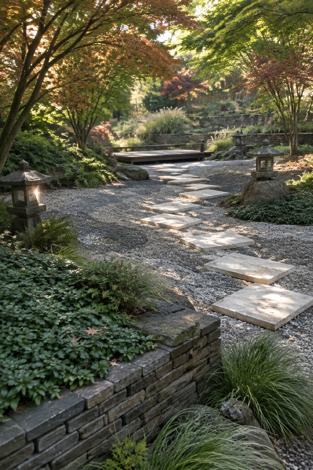 A gravel path lined with flat stepping stones, stone lanterns, and autumn trees in a Japanese-style garden.