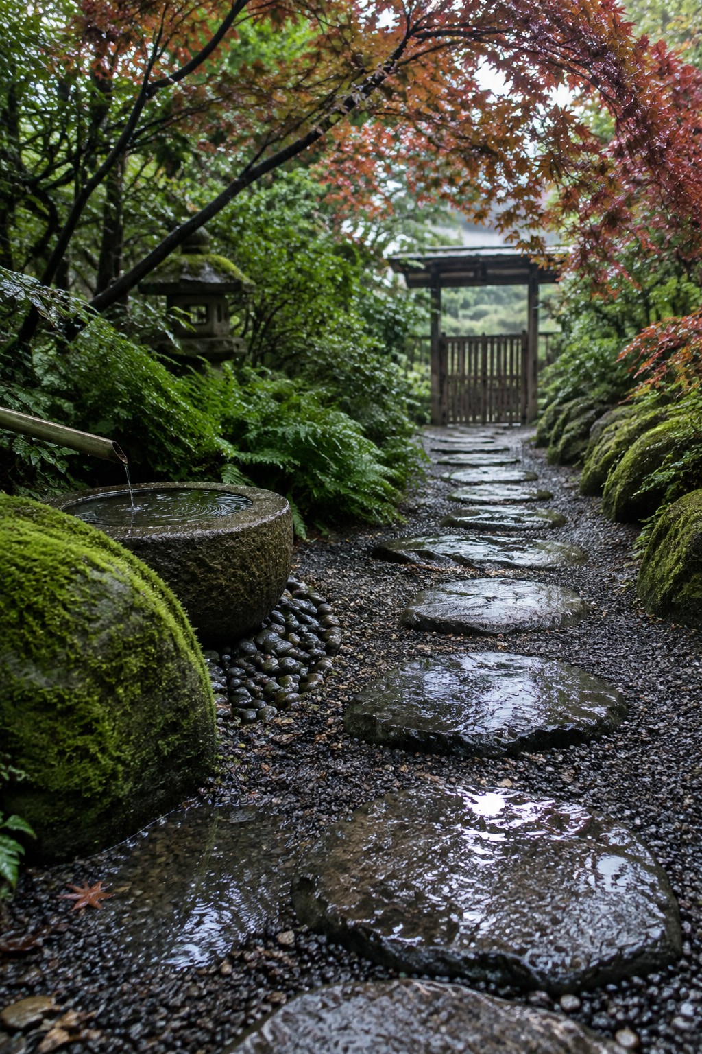 A winding garden path of wet stepping stones set in dark gravel runs beside a stone water basin with a bamboo spout, surrounded by mossy rocks and red maple trees.