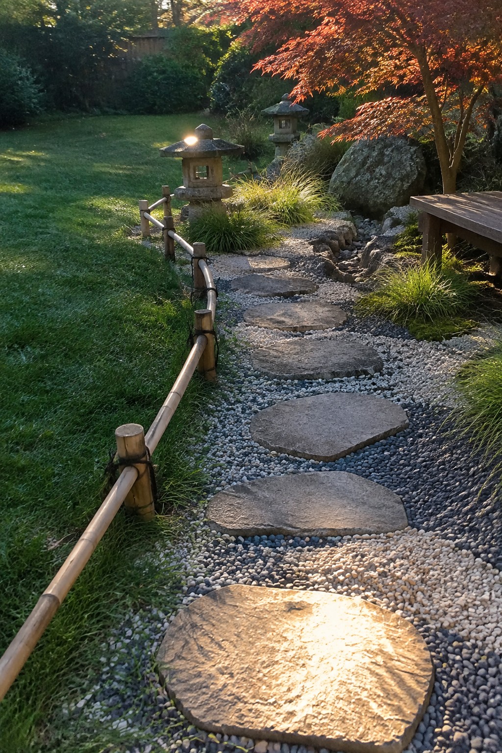 A winding garden path of irregular flat stepping stones set in light gravel, bordered on one side by a low bamboo fence and stone lanterns, with red maple trees and rocks nearby.