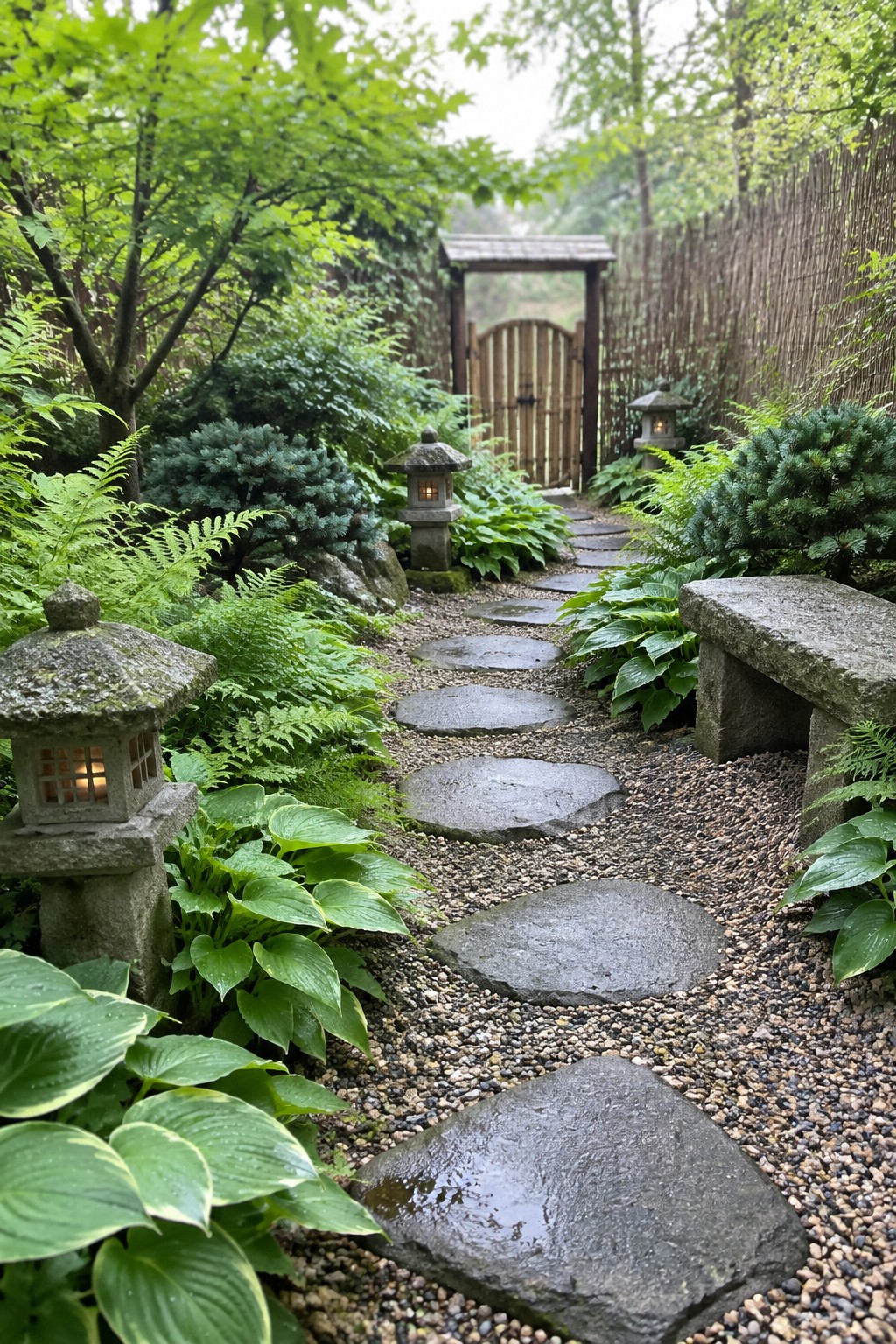 A narrow garden path made of irregular stepping stones set in gravel, lined with hostas, ferns, and stone lanterns, leading toward a wooden gate.