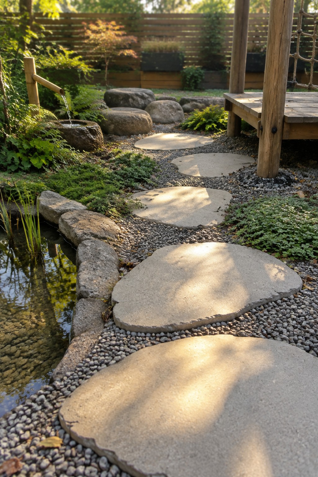 Stepping stones path on gravel beside pond with bamboo fountain and wooden deck