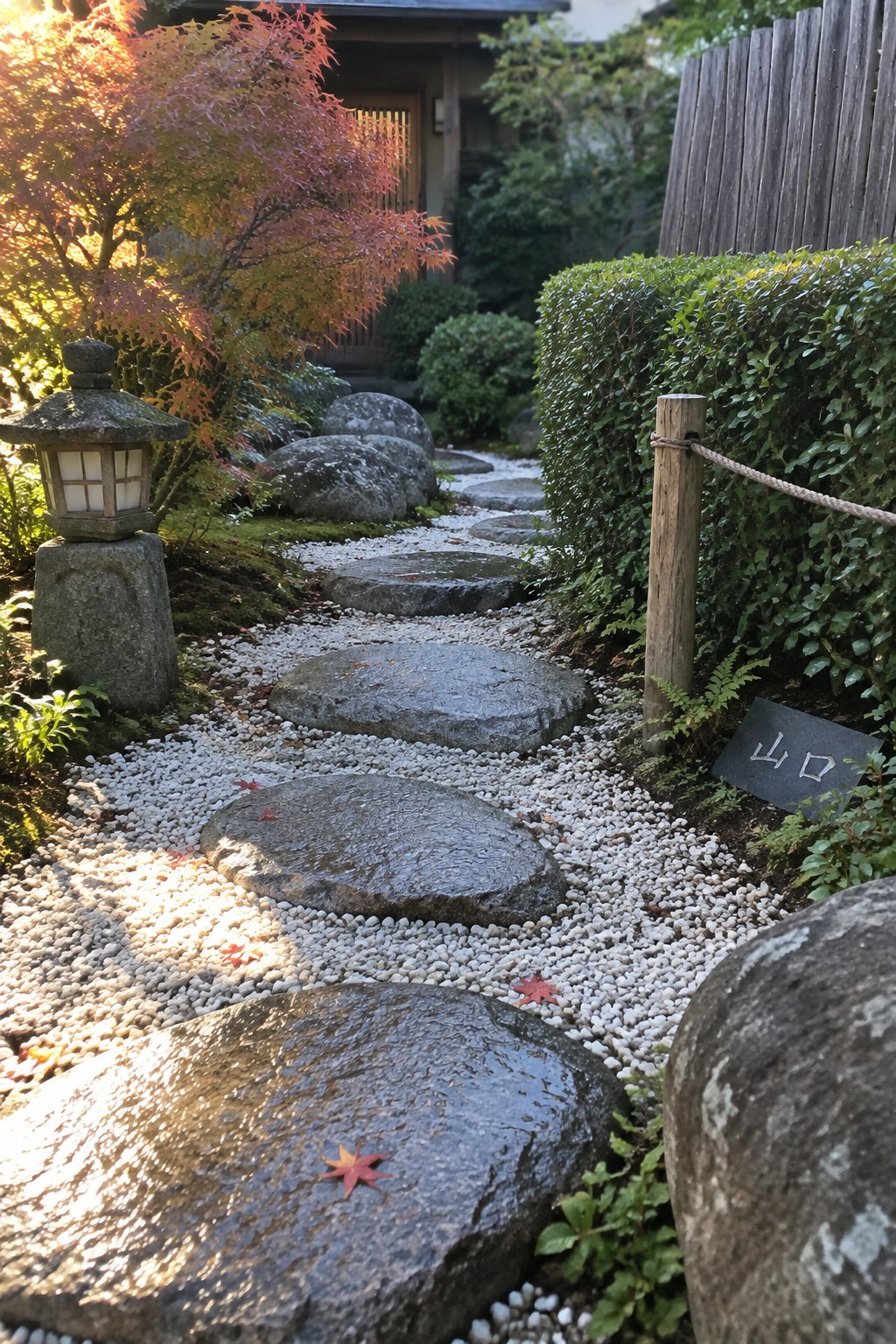 Japanese garden path of stepping stones, lantern, white gravel and red autumn leaves.