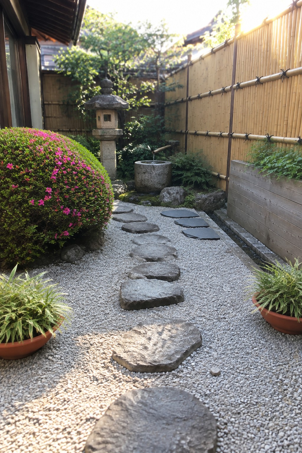 A narrow garden path of irregular gray stepping stones set in white gravel, bordered by a pink flowering bush on the left, a stone lantern, and a water basin in the background.