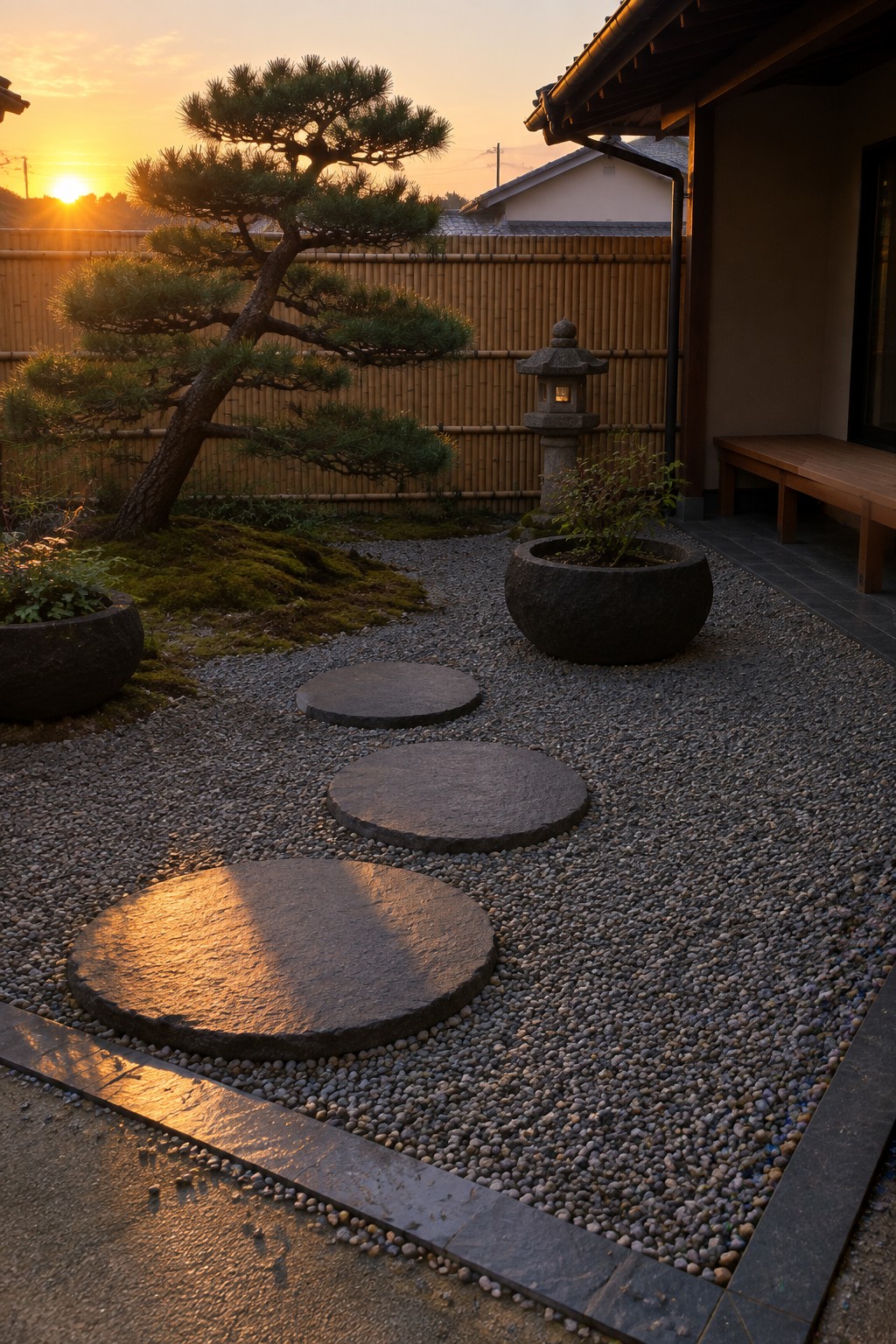 A Japanese garden with large round stepping stones set into gray gravel, a twisted pine tree on moss, a stone lantern, and a wooden building edge at sunset.
