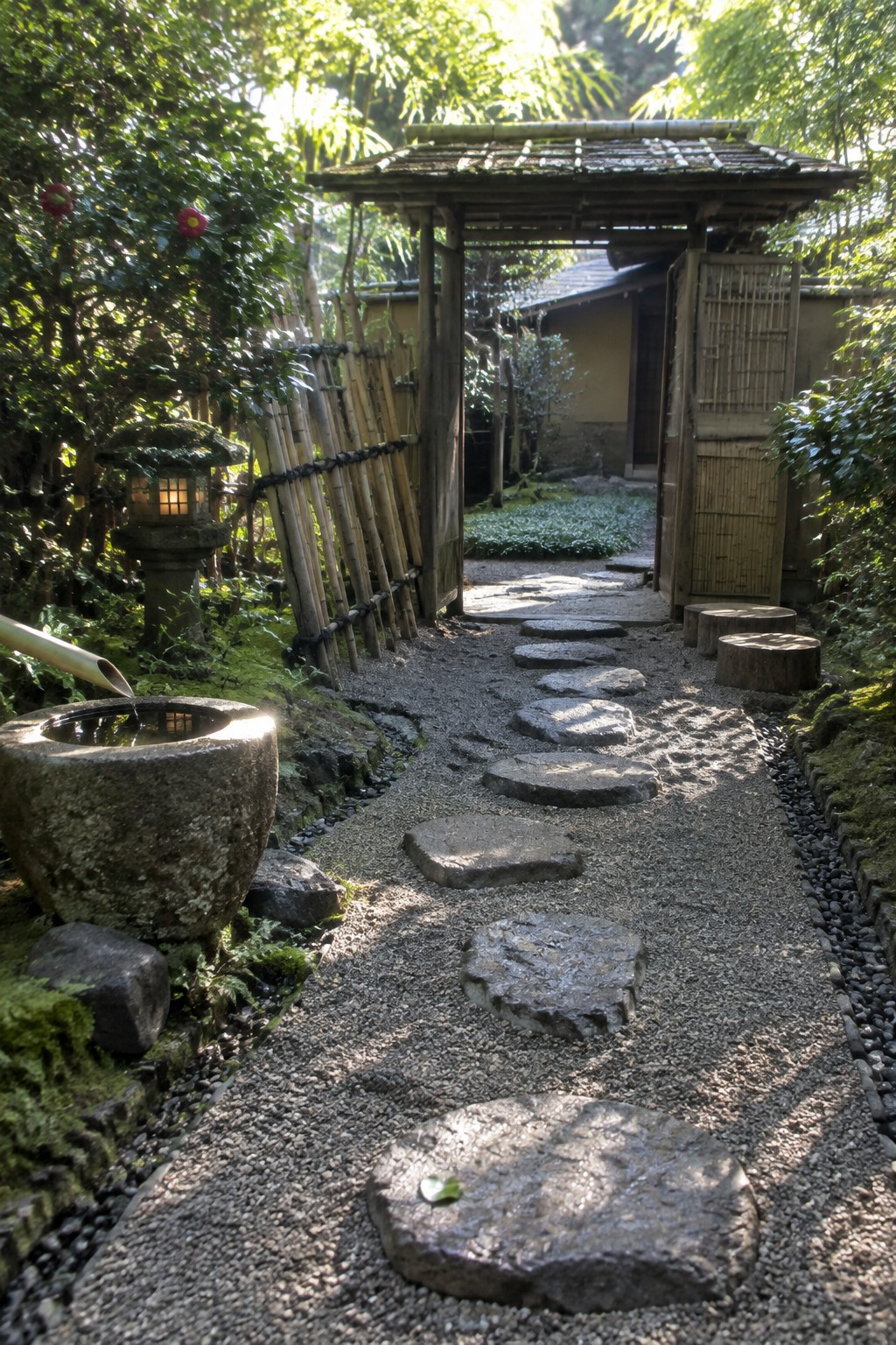 Serene Japanese garden with stepping stones, stone lantern, bamboo fountain, and wooden gate.