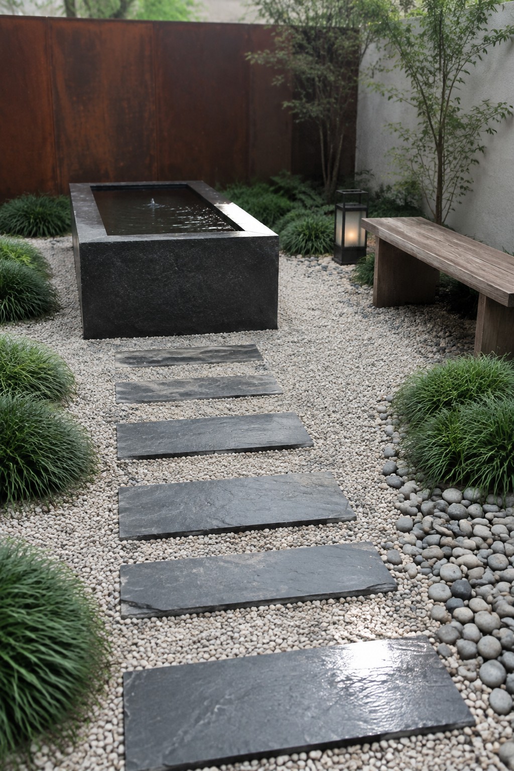 Zen garden with stone water basin, slate stepping stones, wooden bench and lantern