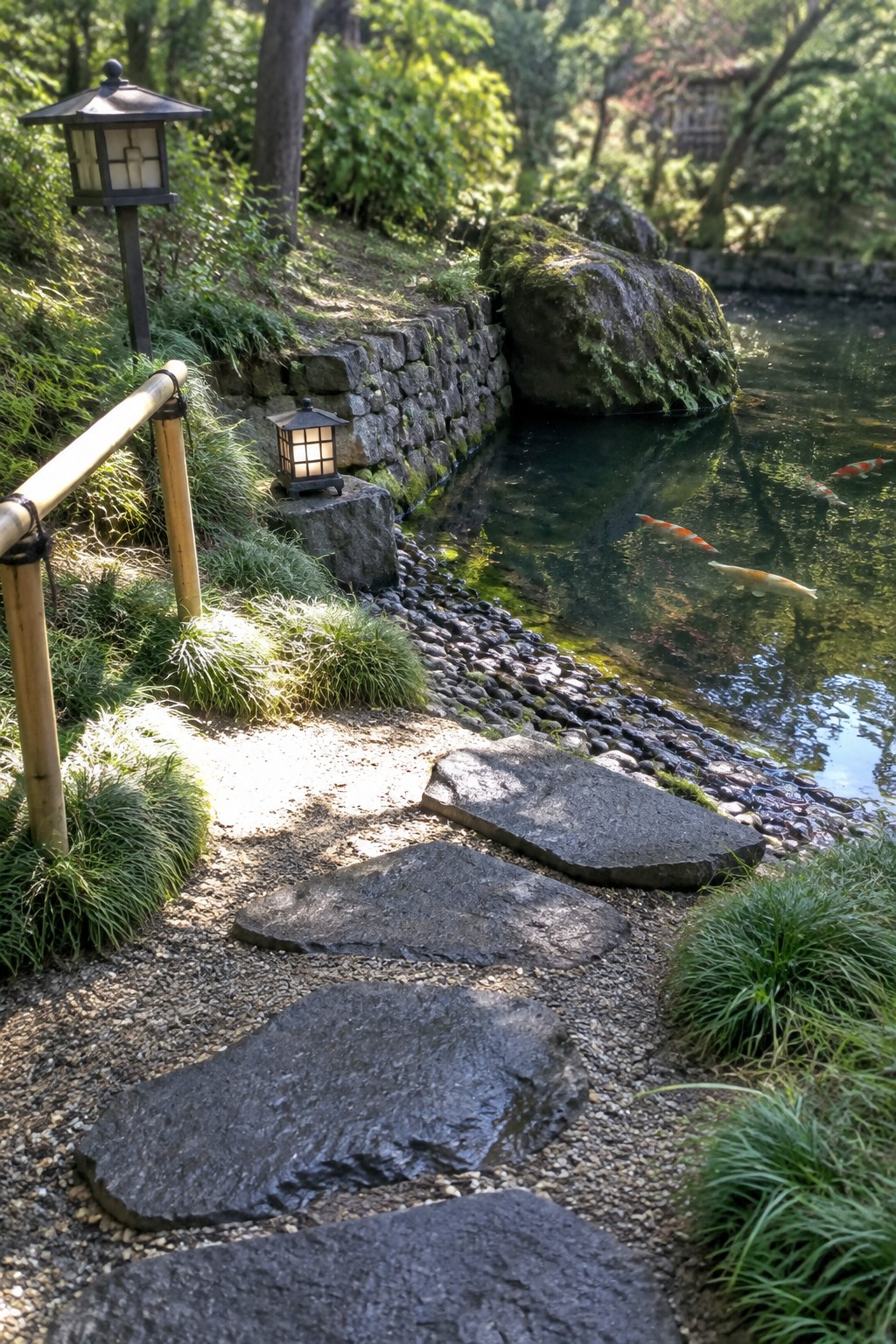 A gravel path lined with large flat stepping stones runs beside a pond with koi fish, stone lanterns, and mossy rocks in a garden setting.