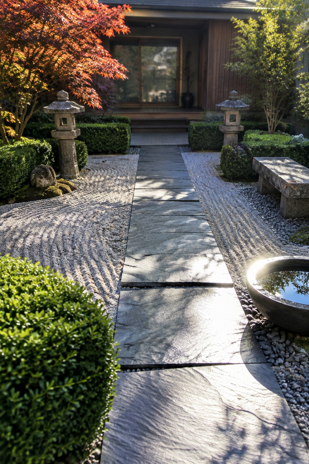 A straight path of large flat stones runs through raked gravel, bordered by trimmed shrubs and stone lanterns, leading toward a house.