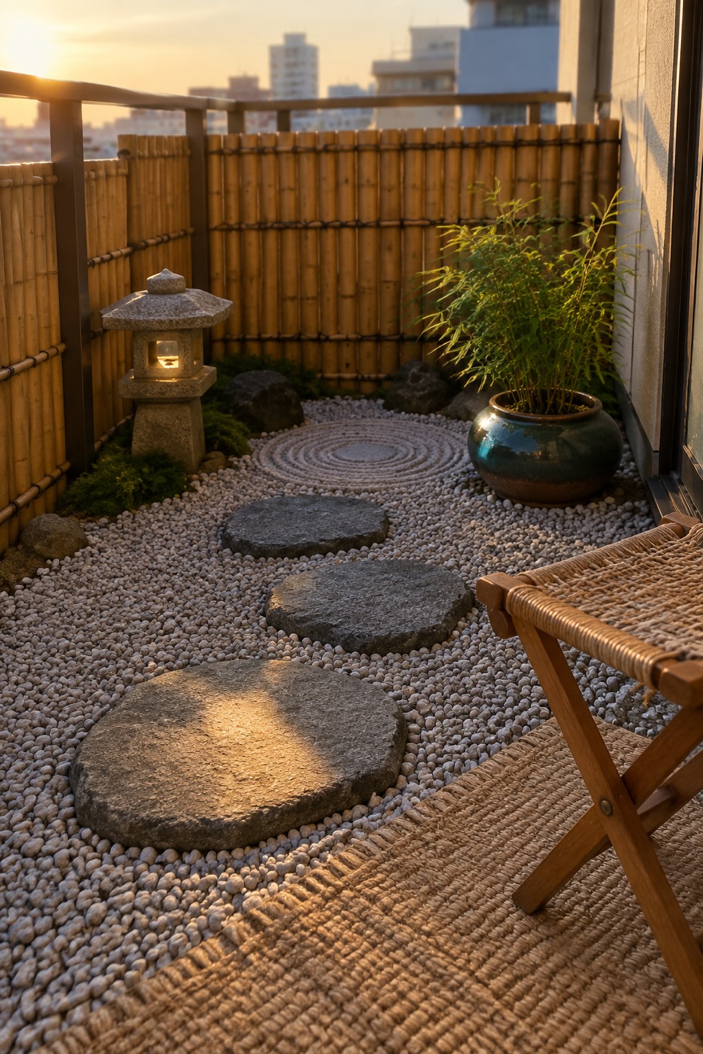 Zen balcony garden with lit lantern, stepping stones, bamboo fence, potted plant, and chair at sunset.