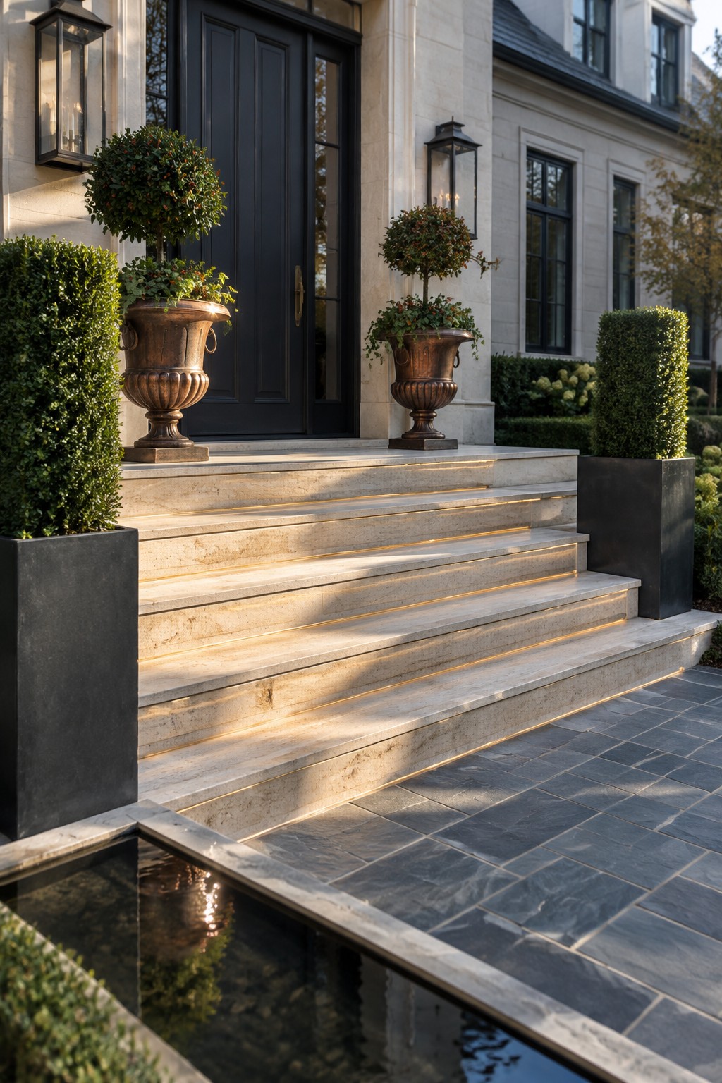 Illuminated marble steps ascend to black door flanked by bronze urns with topiaries