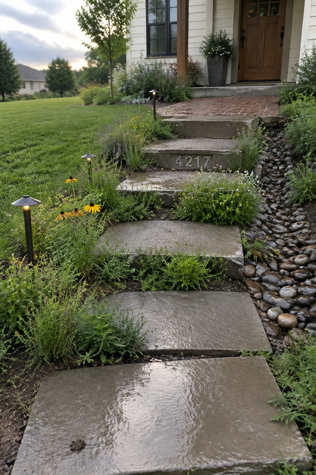 Wet stone steps to wooden door with yellow flowers and solar lights