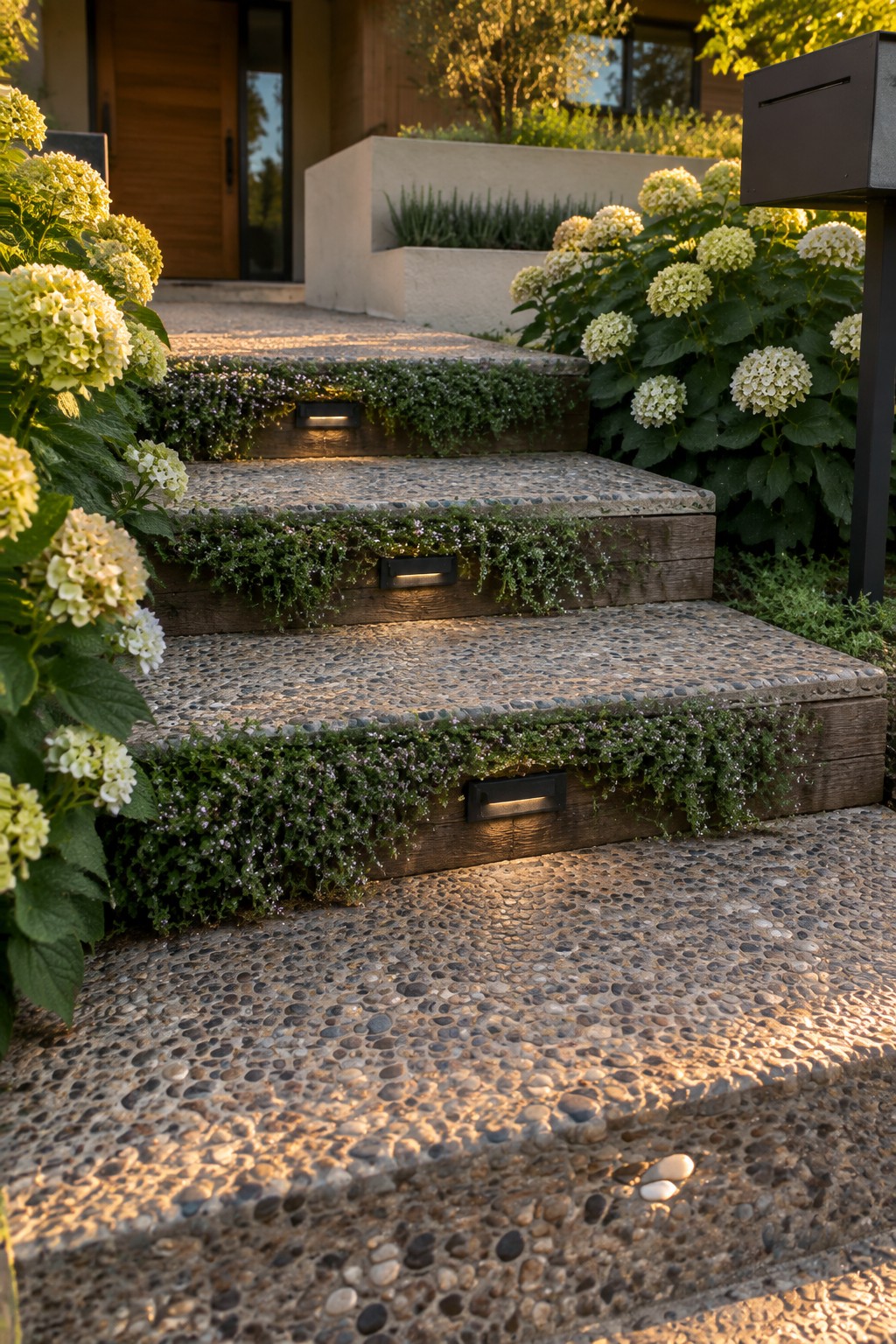 Outdoor steps with pebble aggregate treads, wooden risers, and low green ground cover plants along the edges with built-in lights.