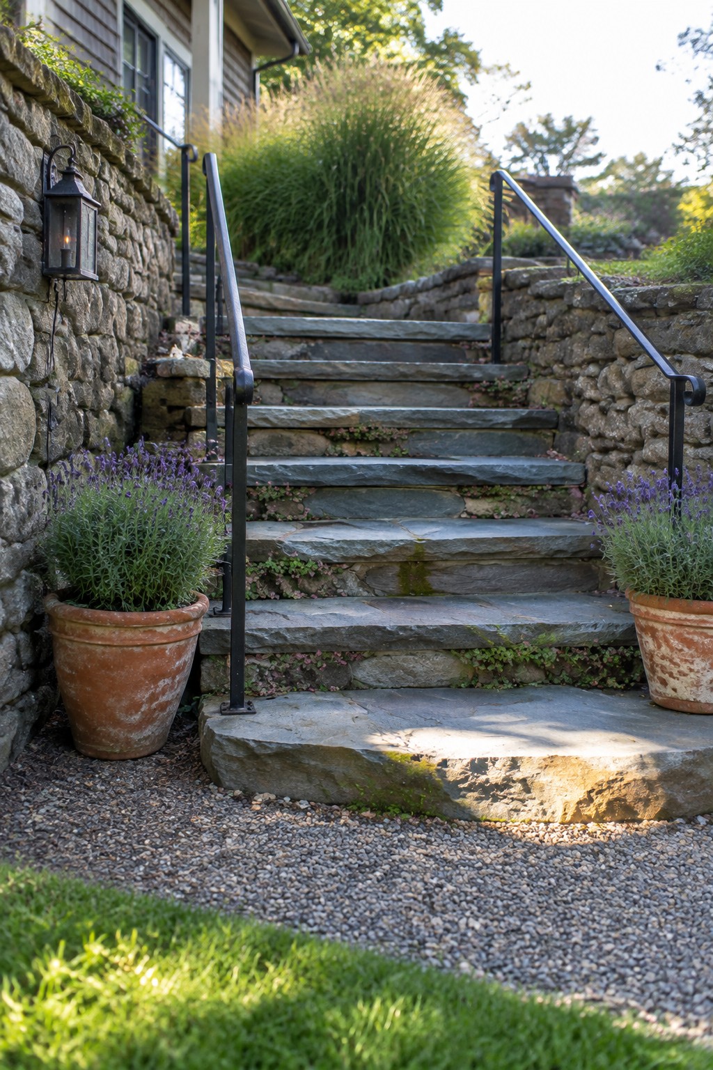 Stone stairs with black railings flanked by lavender-filled terracotta pots on gravel.