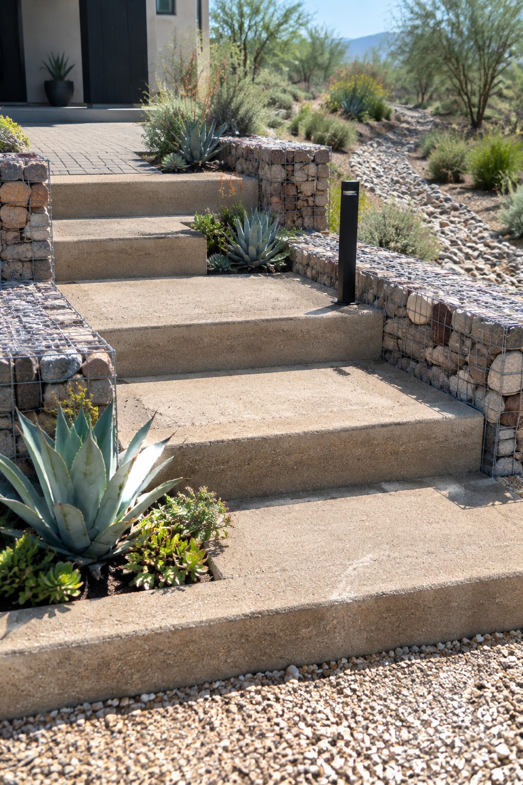 Concrete steps bordered by wire gabion walls filled with stones, with agave plants and gravel at the base in a desert yard.