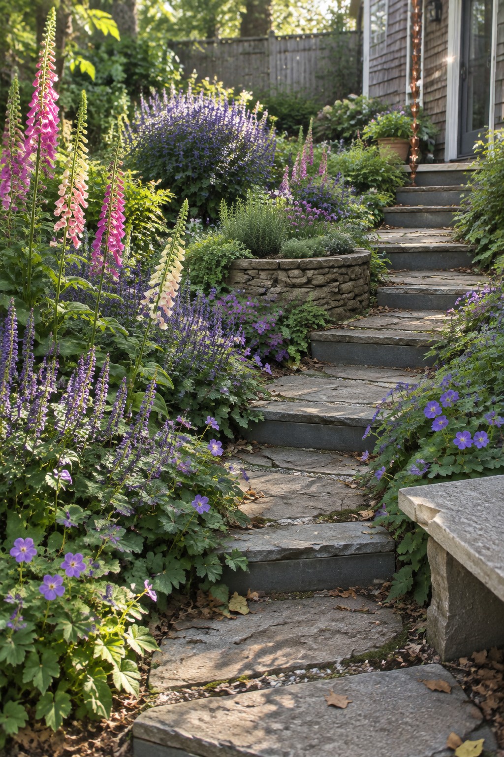 Stone steps bordered by tall pink and purple flowering plants with green foliage on both sides, leading to a house entrance.