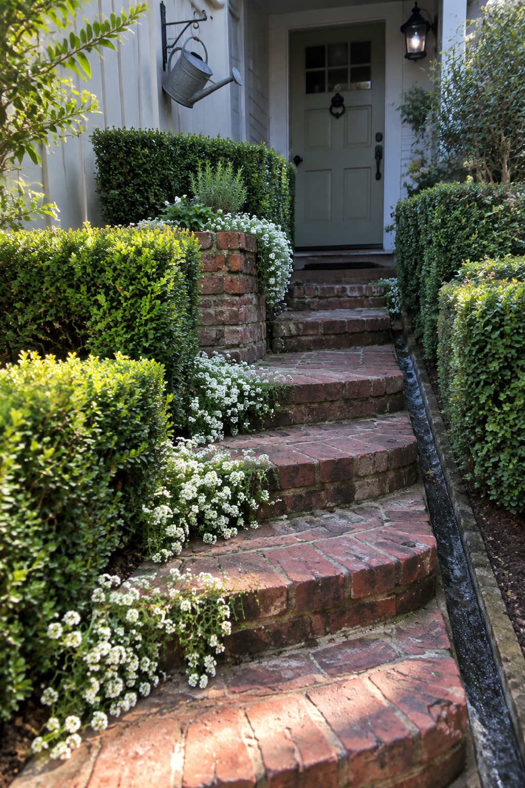 Brick steps bordered by green shrubs and white flowering plants lead up to a light green front door.