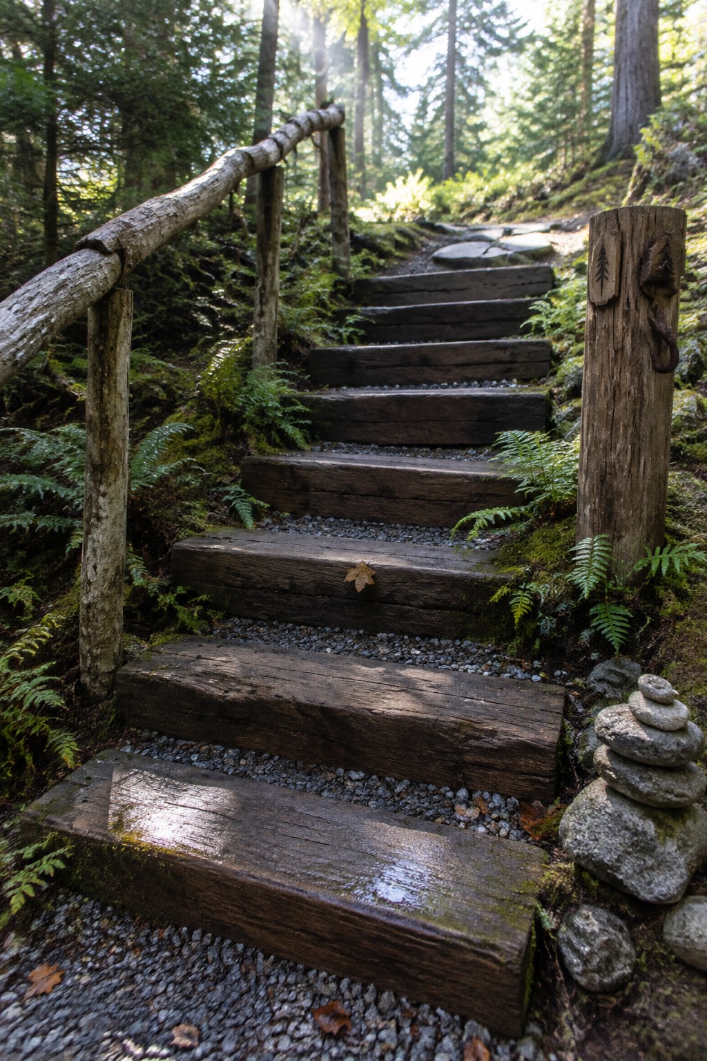 Wooden forest steps with handrail, ferns, moss, and stacked stone cairn