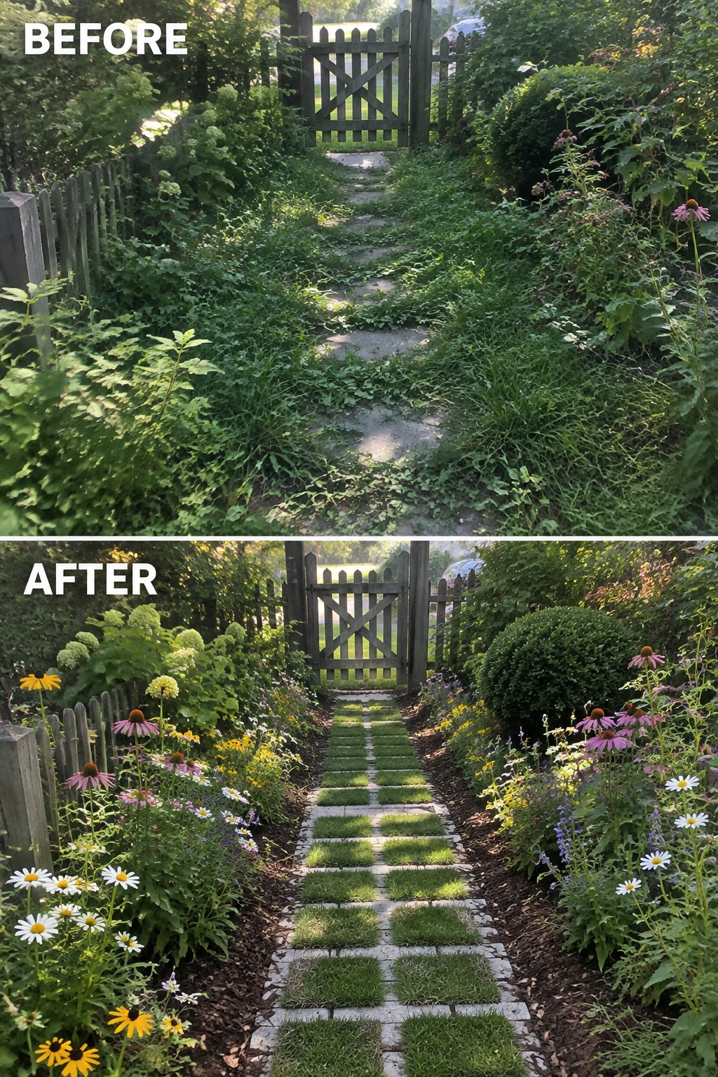 Before-and-after image of an overgrown garden path transformed into a structured walkway using landscape pavers with grass between the stones and planted borders on both sides.