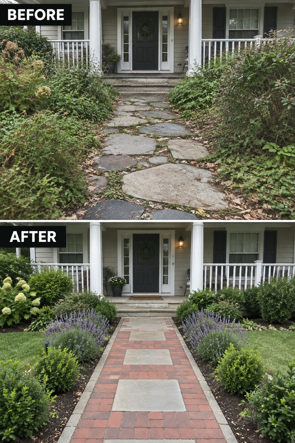 Before and after of overgrown stone path transformed into neat red brick walkway with landscaping.