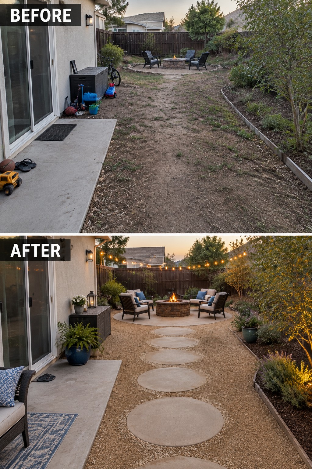 Before-and-after backyard transformation with fire pit, stepping stones and string lights.
