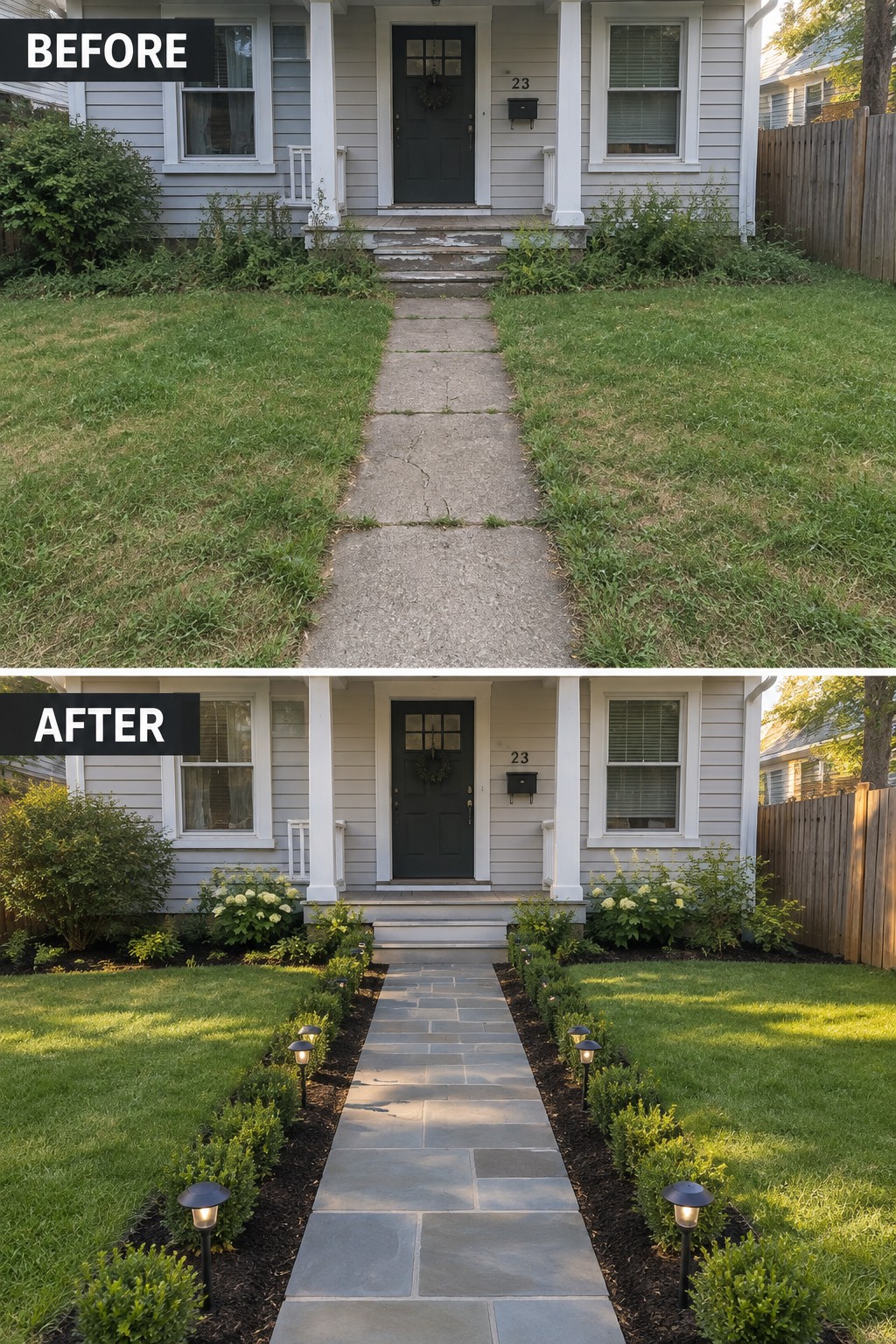 Before-and-after image of a cracked concrete front path changed into a neat stone paver walkway lined with garden beds and lights.