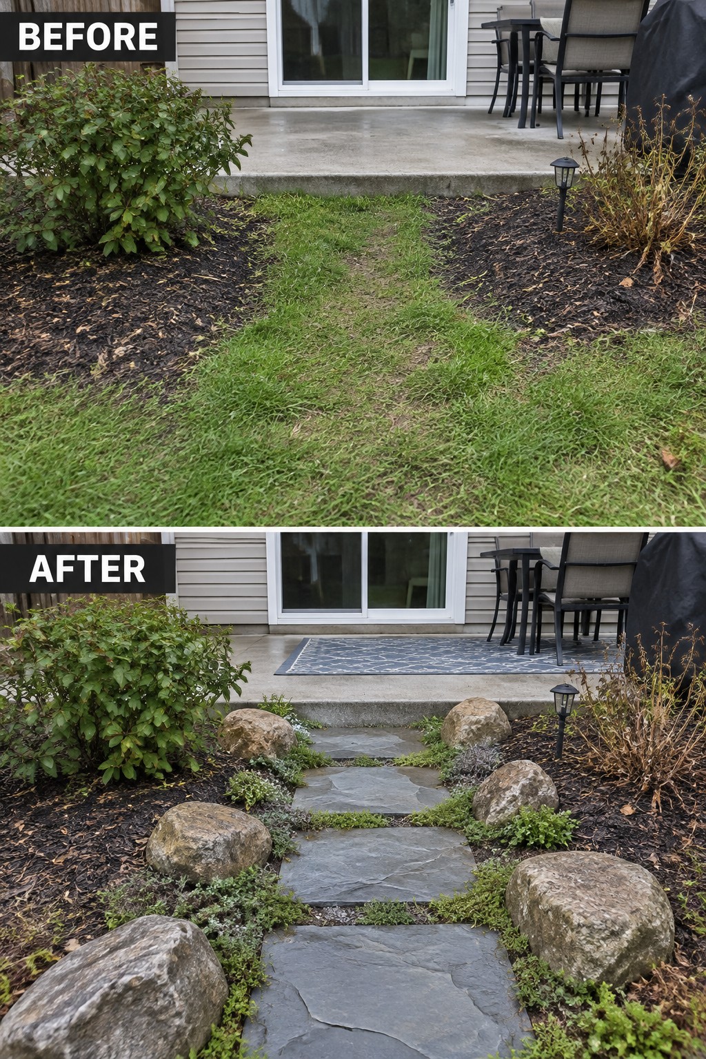 Before and after patio garden with stone path replacing overgrown grass walkway.