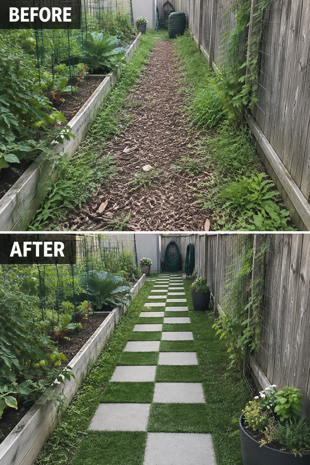 Before and after of garden path: mulch to checkered turf and stone pavers