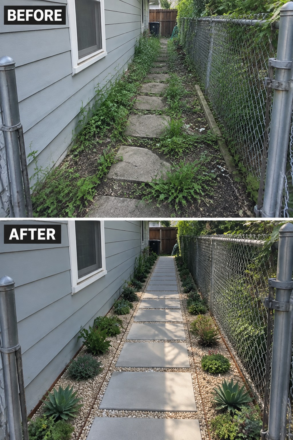 Before-after side yard path: overgrown weeds above, neat pavers with plants below.