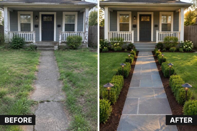 Before-and-after image of a cracked concrete front path changed into a neat stone paver walkway lined with garden beds and lights.