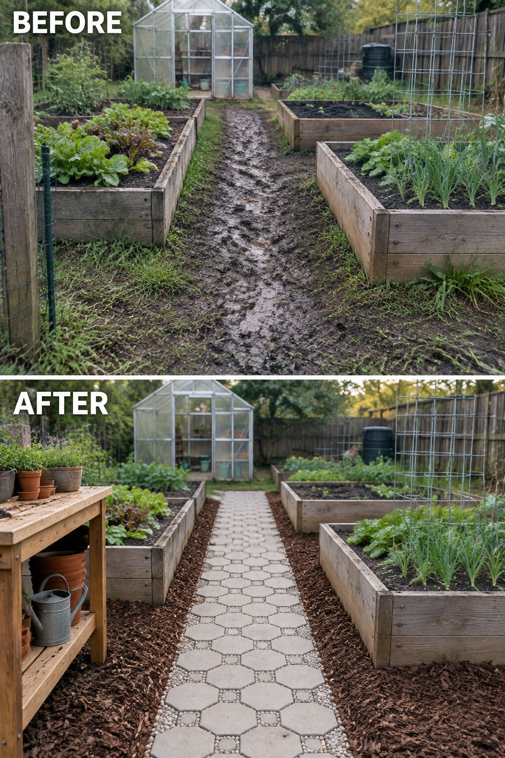 Before-and-after garden path: muddy trail replaced by hexagonal stone walkway with mulch.