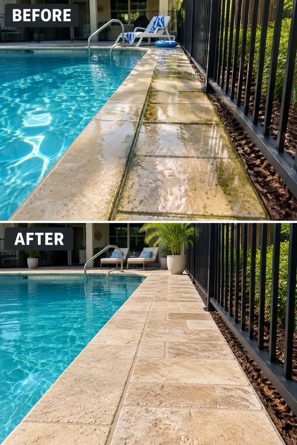 Before-and-after of algae-covered versus clean stone pool deck beside blue water.