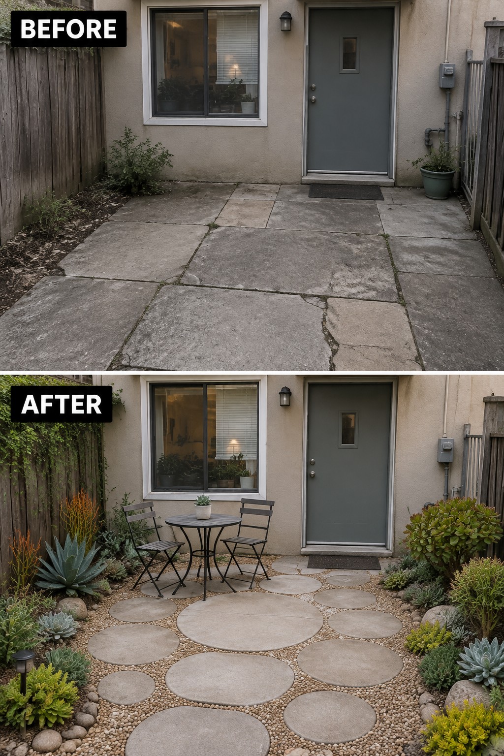 Before-and-after image of a plain concrete patio transformed into a pathway of circular landscape pavers set in gravel with planted borders.