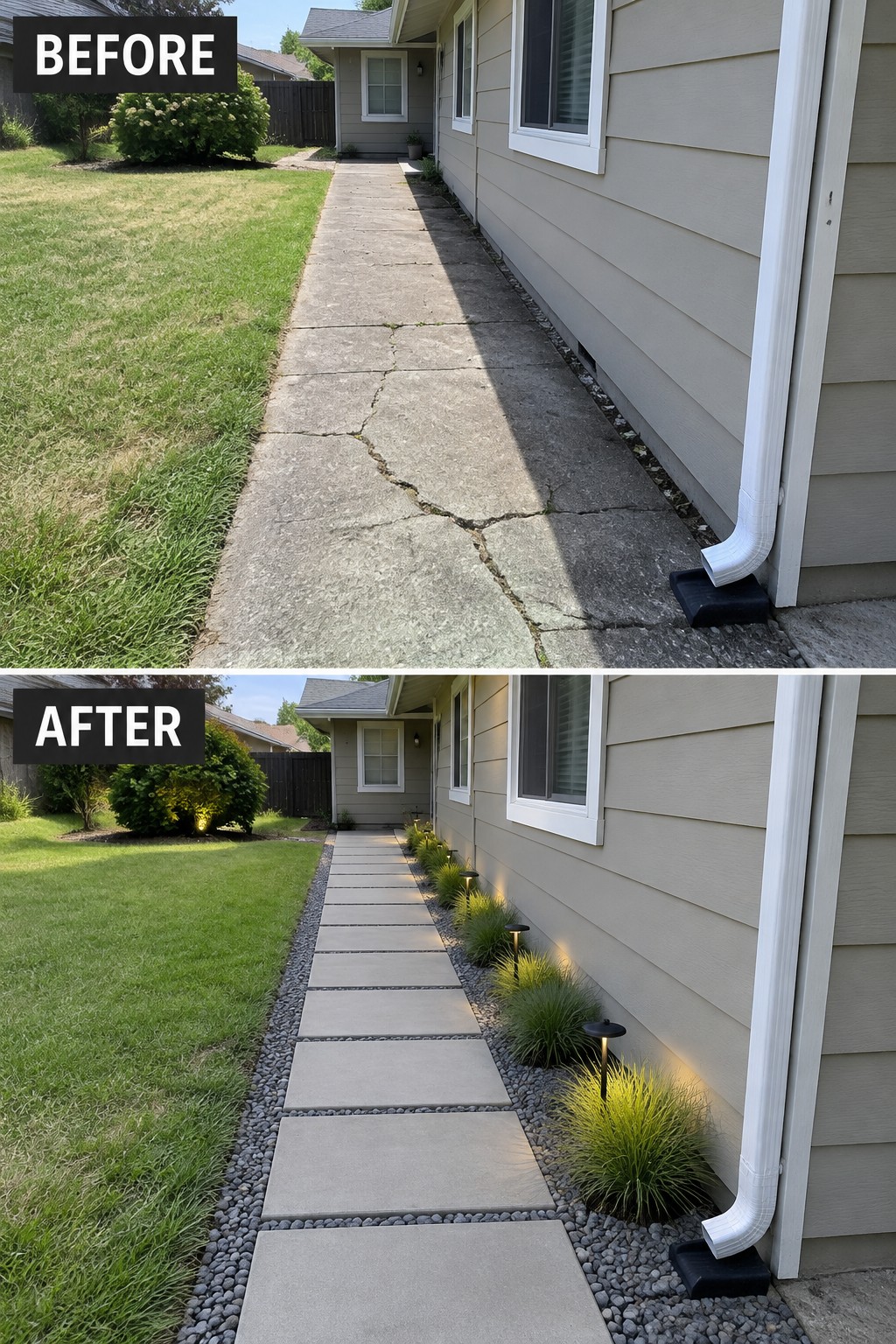Before and after of cracked concrete path upgraded to paver walkway with lights and plants