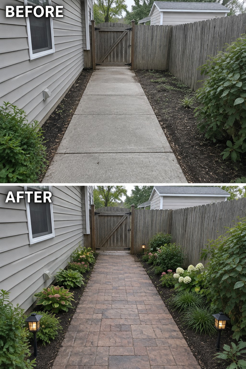 Before-and-after image of a concrete walkway replaced with patterned landscape pavers and bordered by new garden beds with lighting.