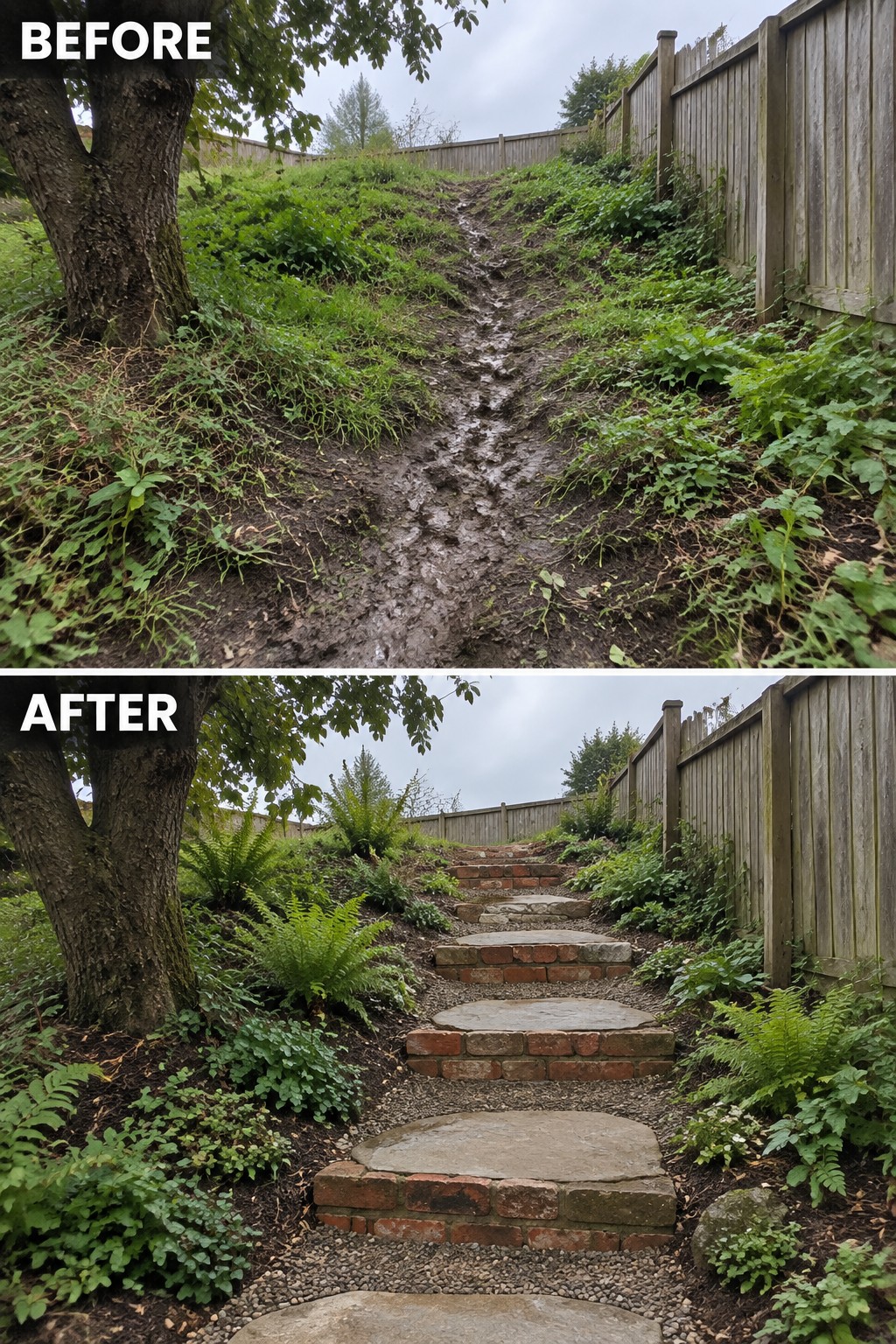 Before-and-after image of a muddy hillside path changed into a stepped stone and brick pathway bordered by planted beds.