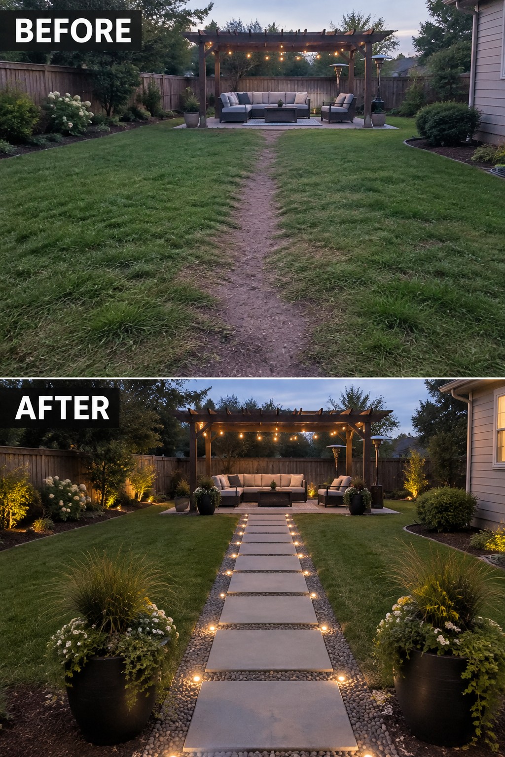Before-after backyard: dirt path replaced by lighted stone walkway to pergola patio