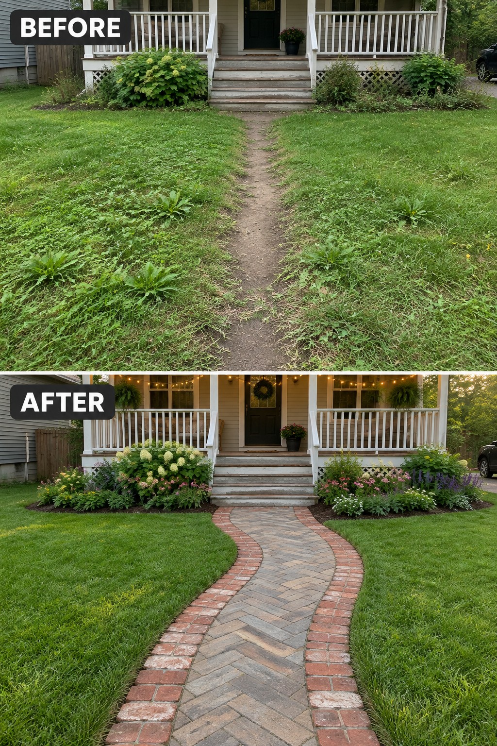 Before weedy dirt path and after curved brick walkway with landscaped flower beds.