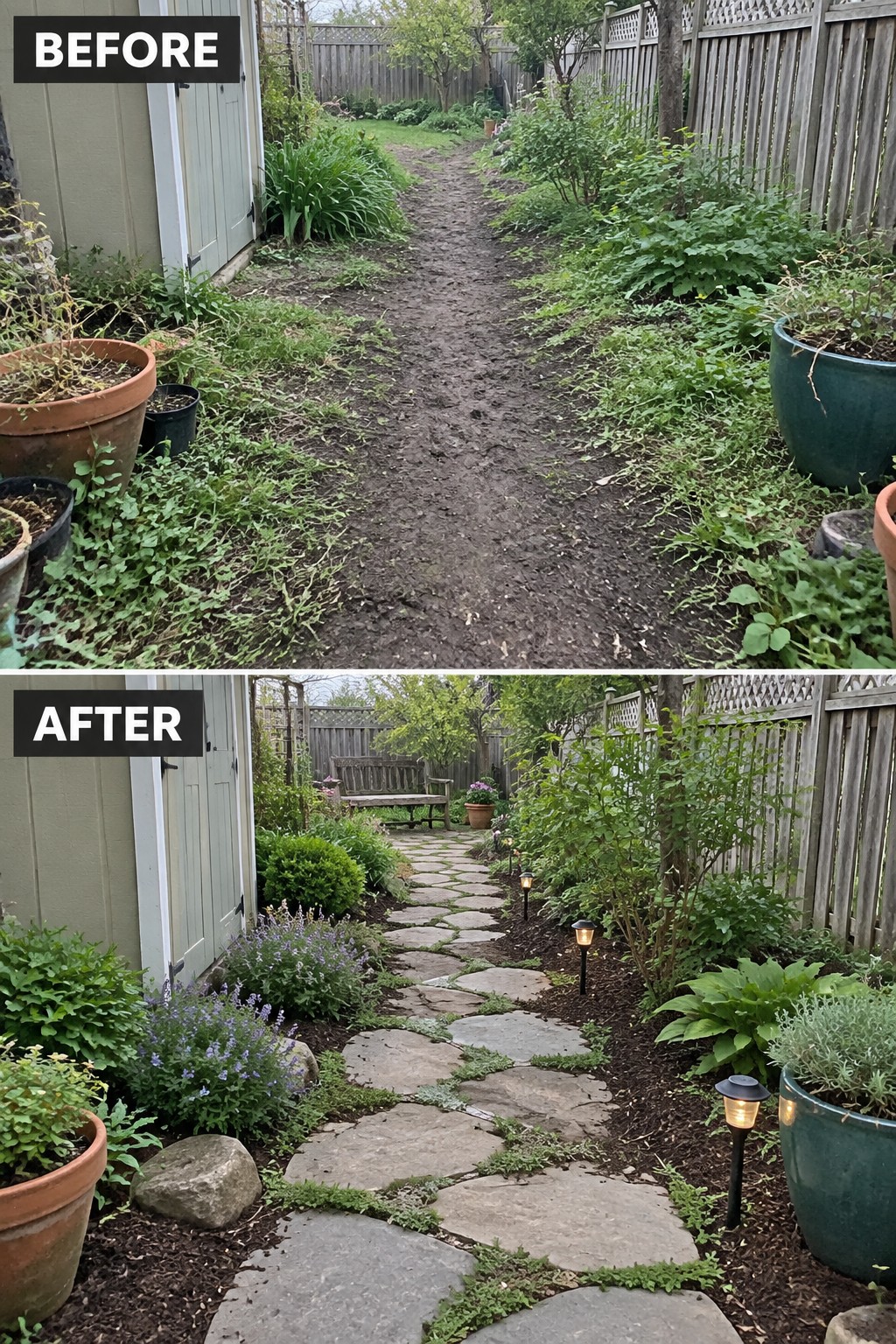 Before muddy dirt path and after stone walkway with plants and lights